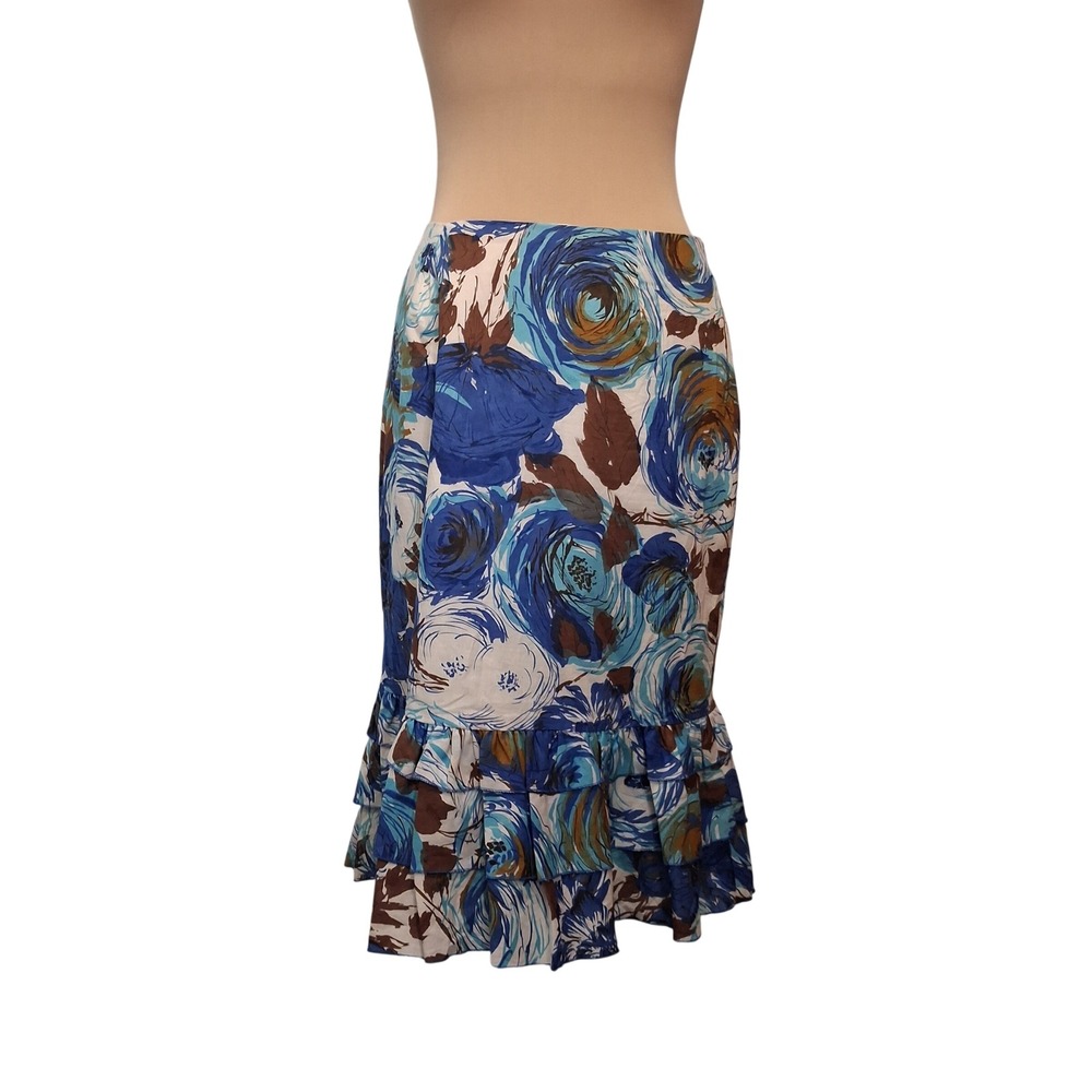 Trina Turk Floral Ruffle Tiered Midi Skirt Blue Brown Cotton Size 6 Made in USA